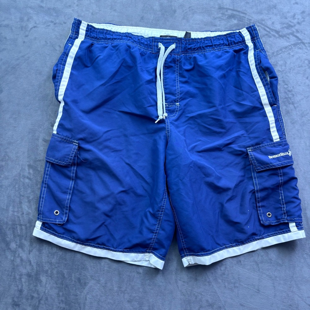 Beverly Hills Polo Club Mens XXL Blue Swim Trunks Cargo Shorts Racing Stripe
